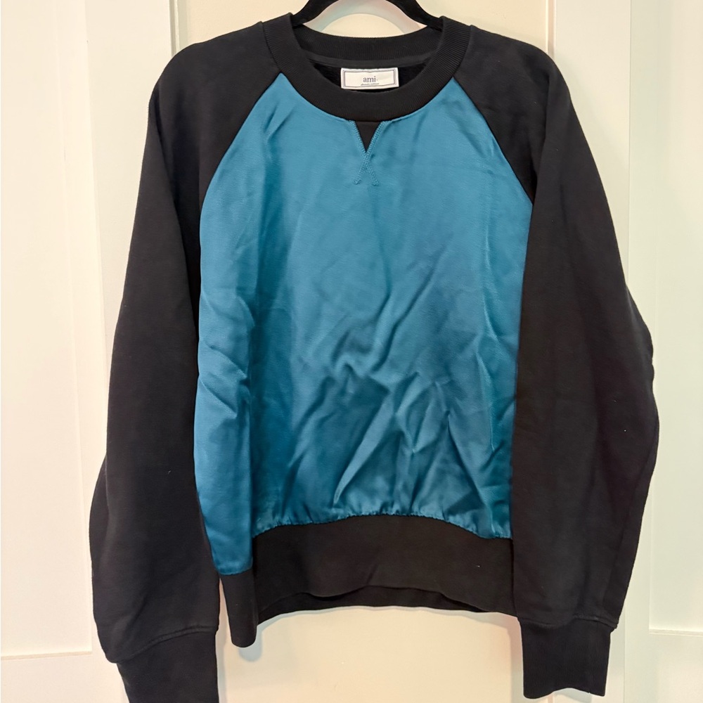 Ami Alexandre Mattiussi Satin Feel Teal & Cotton Black Crewneck Sweater Sz Small
